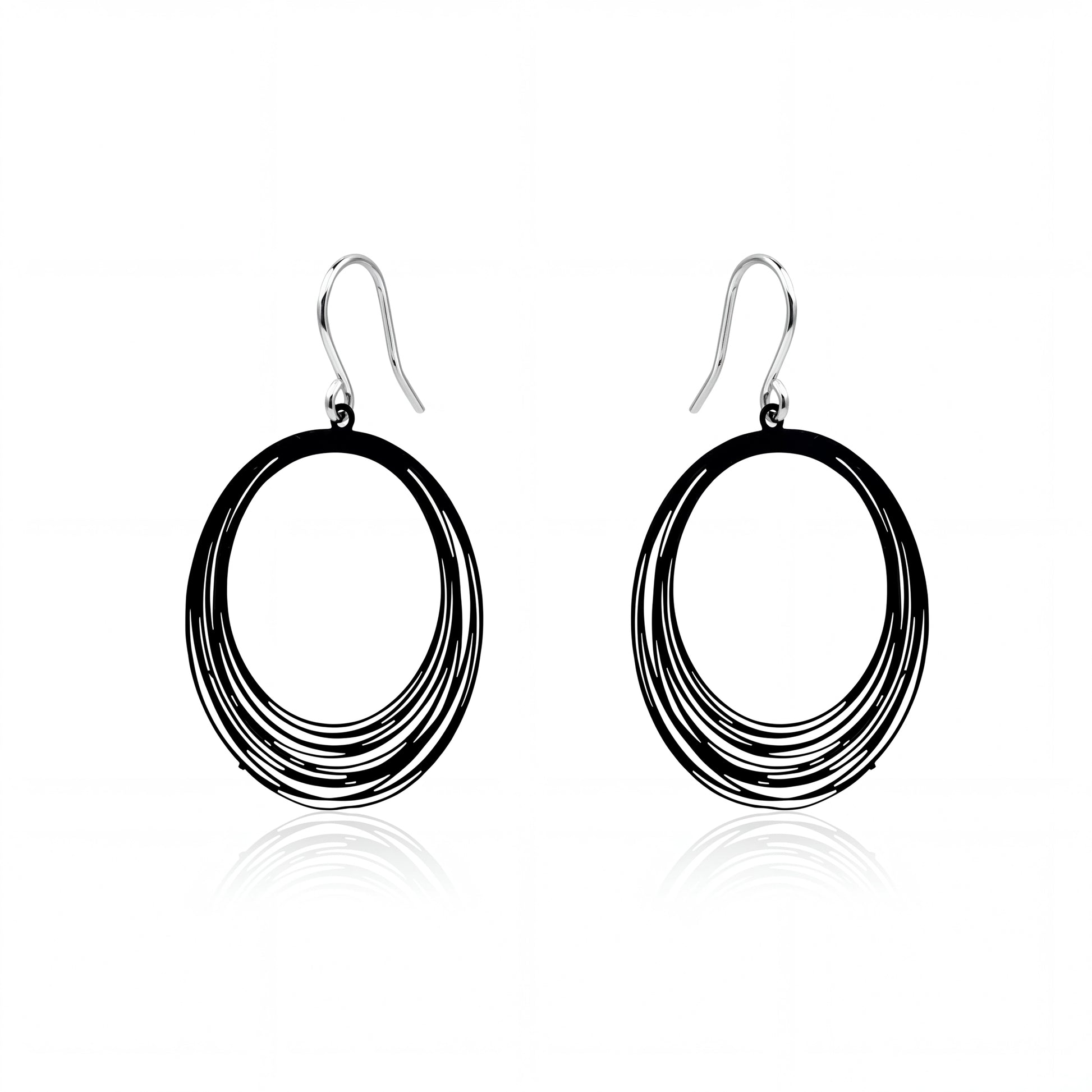 Black String Ring earrings with titanium hook on a white background
