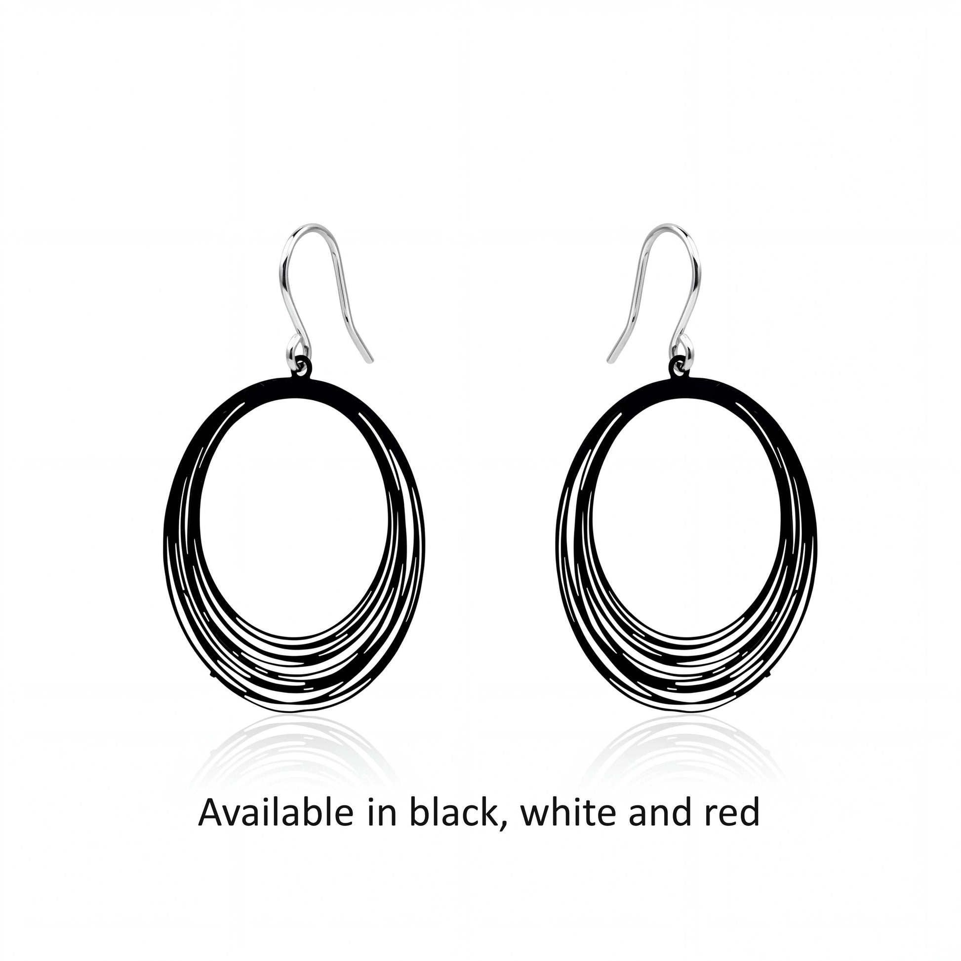 Black, White and red String Ring earrings with titanium hook on a white background