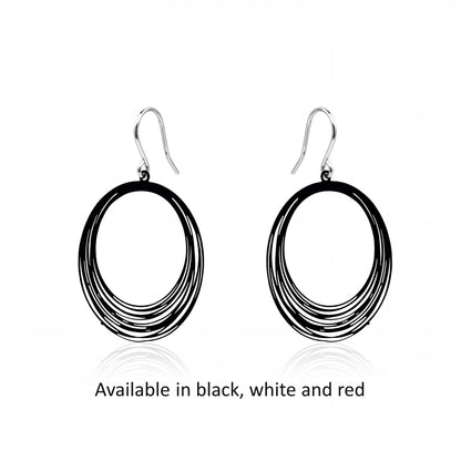 Black, White and red String Ring earrings with titanium hook on a white background