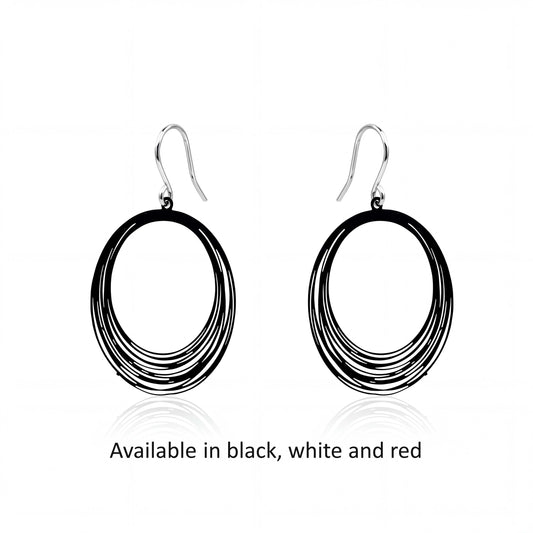 Black, White and red String Ring earrings with titanium hook on a white background