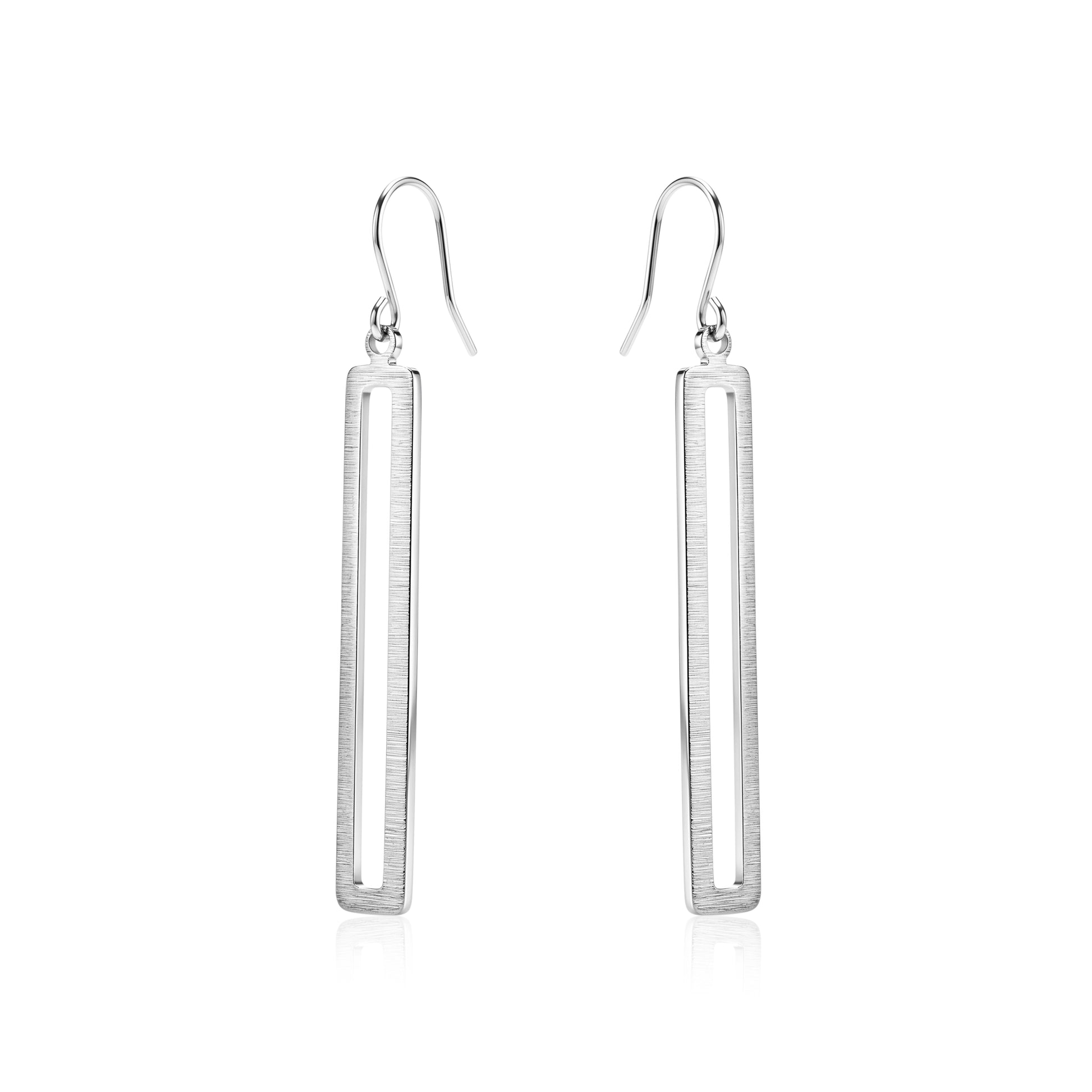 Silver rectangular loop earring with a titanium hook on a white background