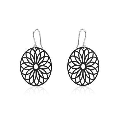 Black Flower Wheel Earrings with titanium hook on a white background