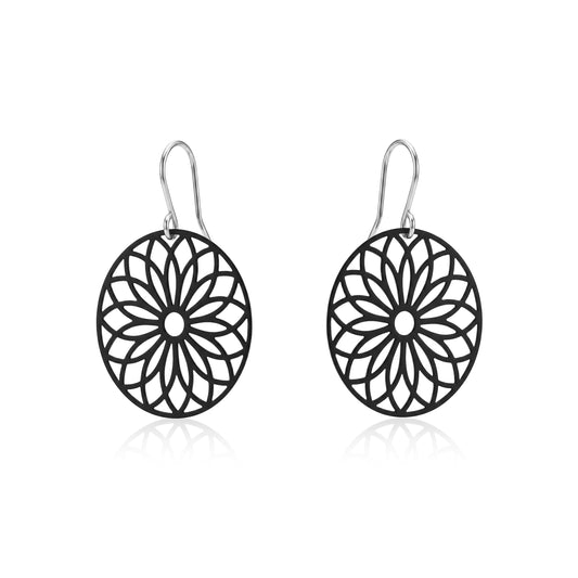 Black Flower Wheel Earrings with titanium hook on a white background