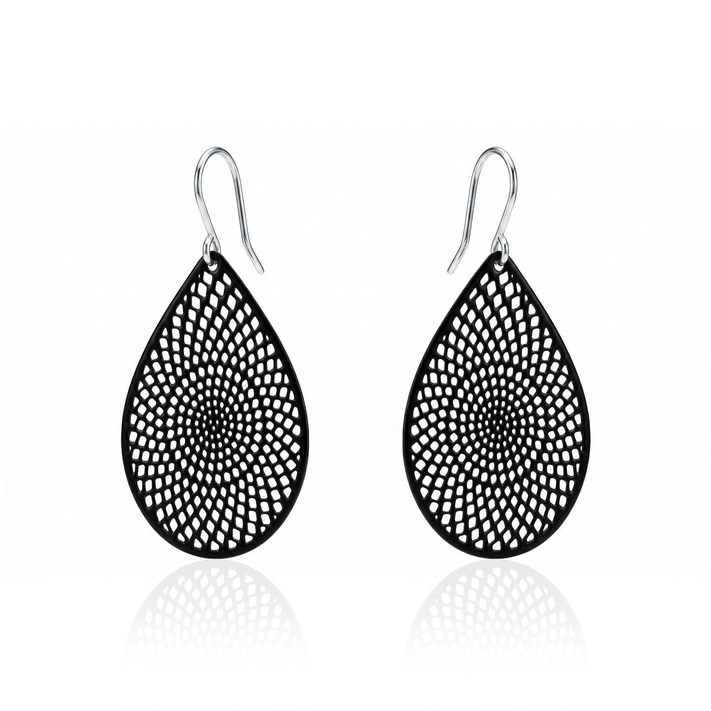 Black teardrop earrings with titanium hook. on a white background