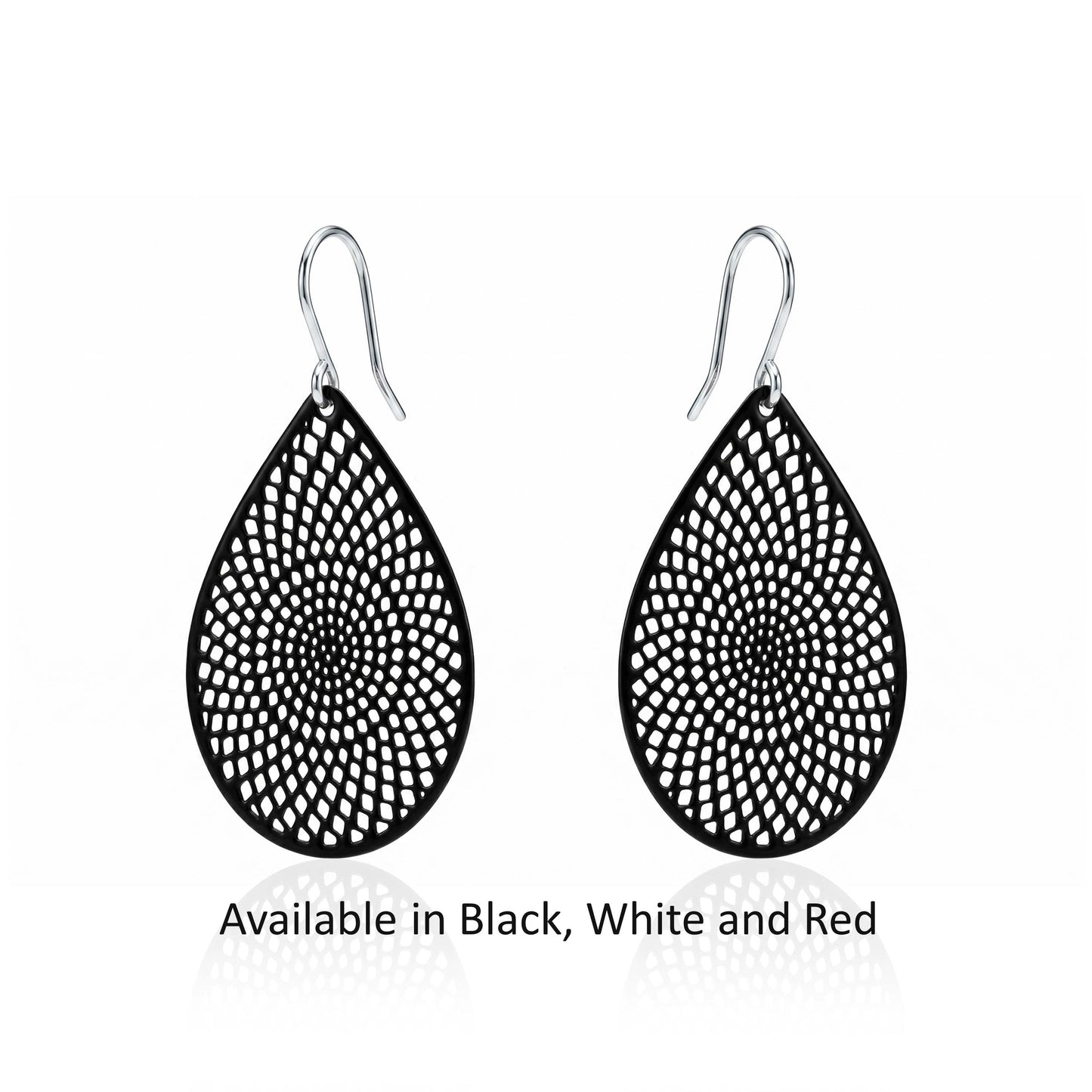 Black, white, Red teardrop earrings with titanium hook. on a white background