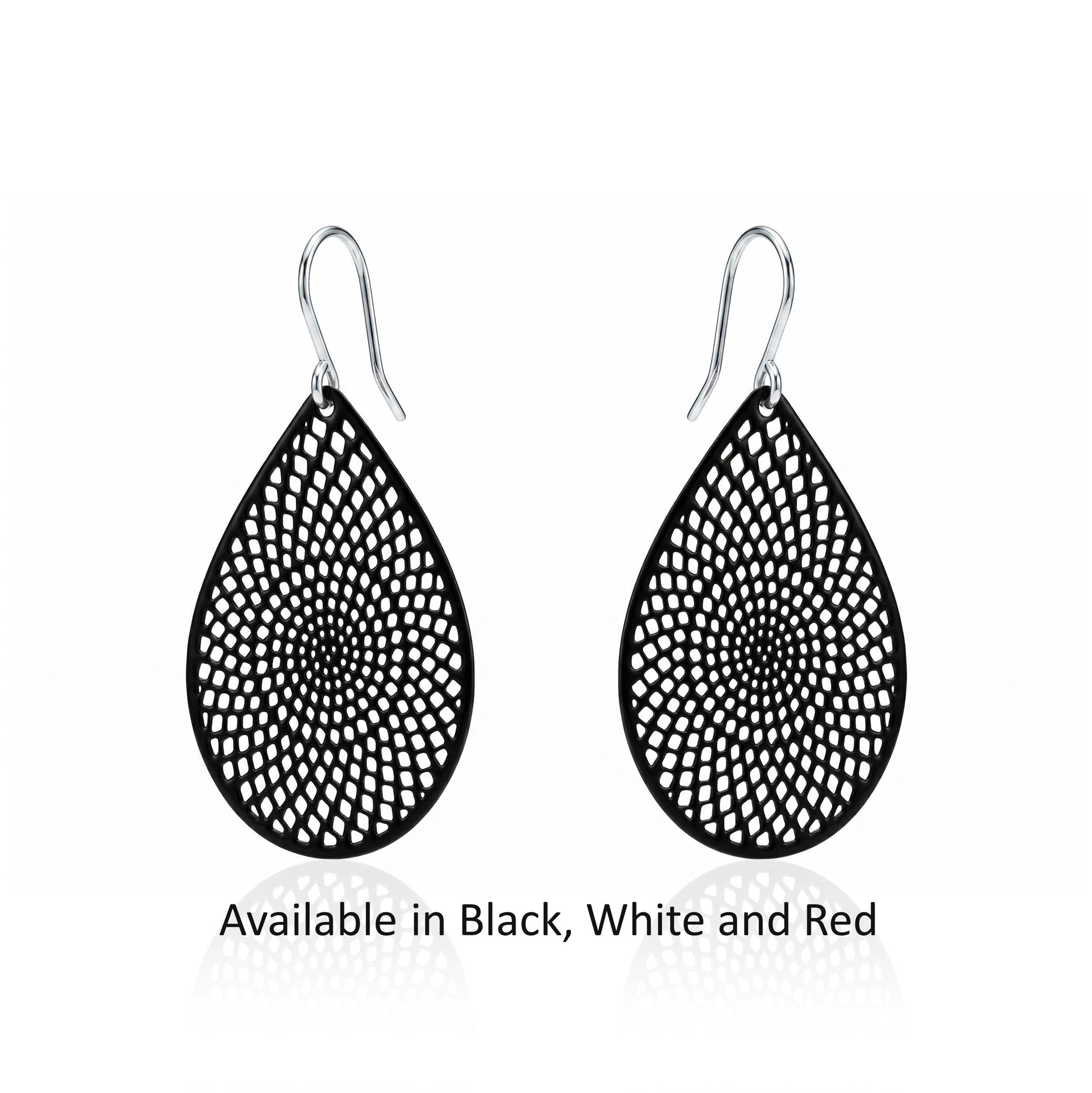 Black, white, Red teardrop earrings with titanium hook. on a white background