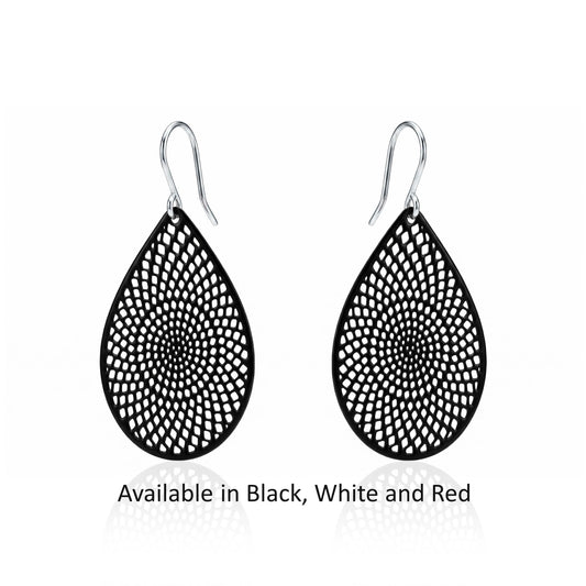 Black, white, Red teardrop earrings with titanium hook. on a white background