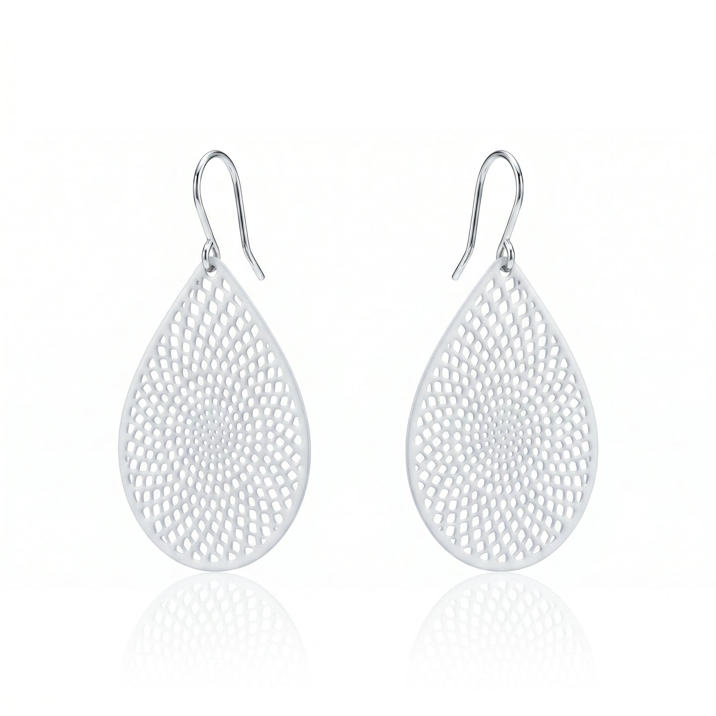 White teardrop earrings with titanium hook on a white background