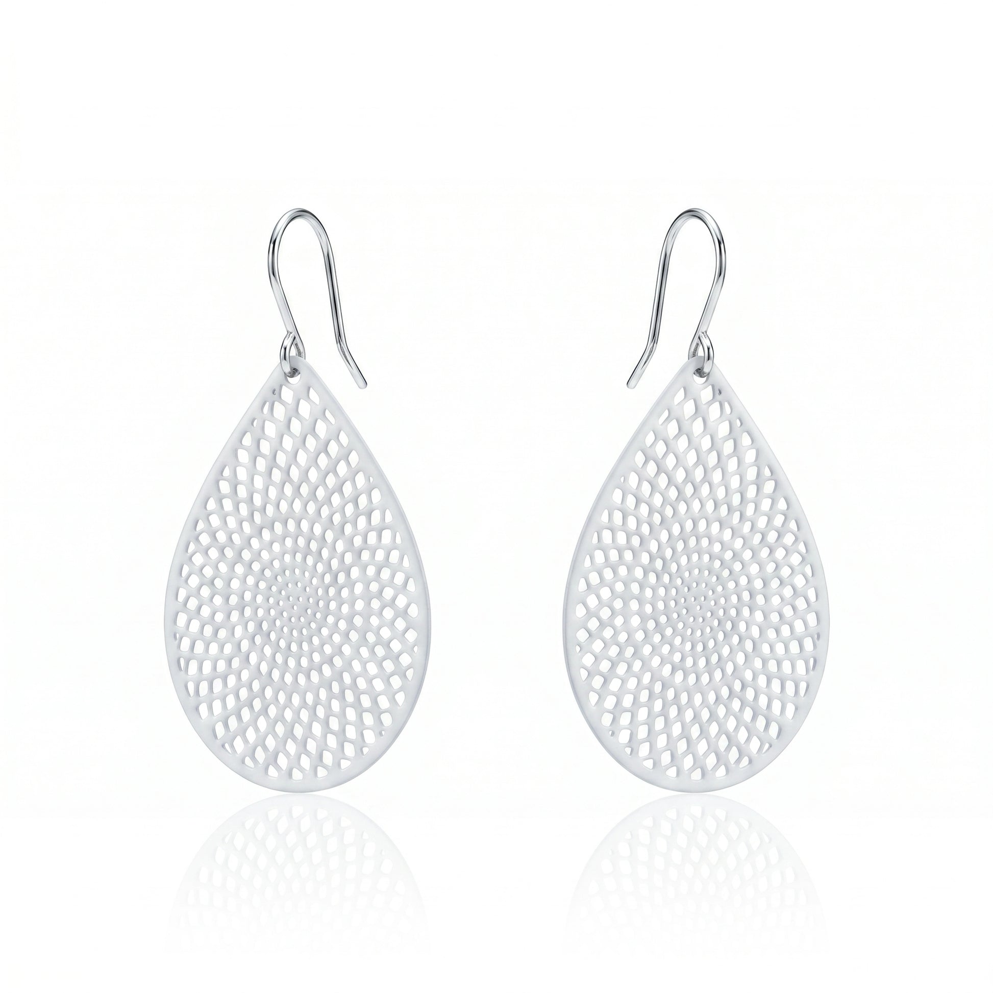 White teardrop earrings with titanium hook on a white background