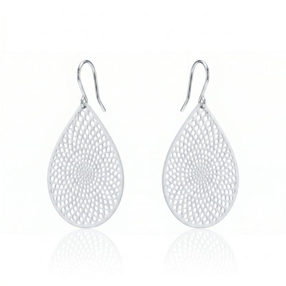 White teardrop earrings with titanium hook on a white background