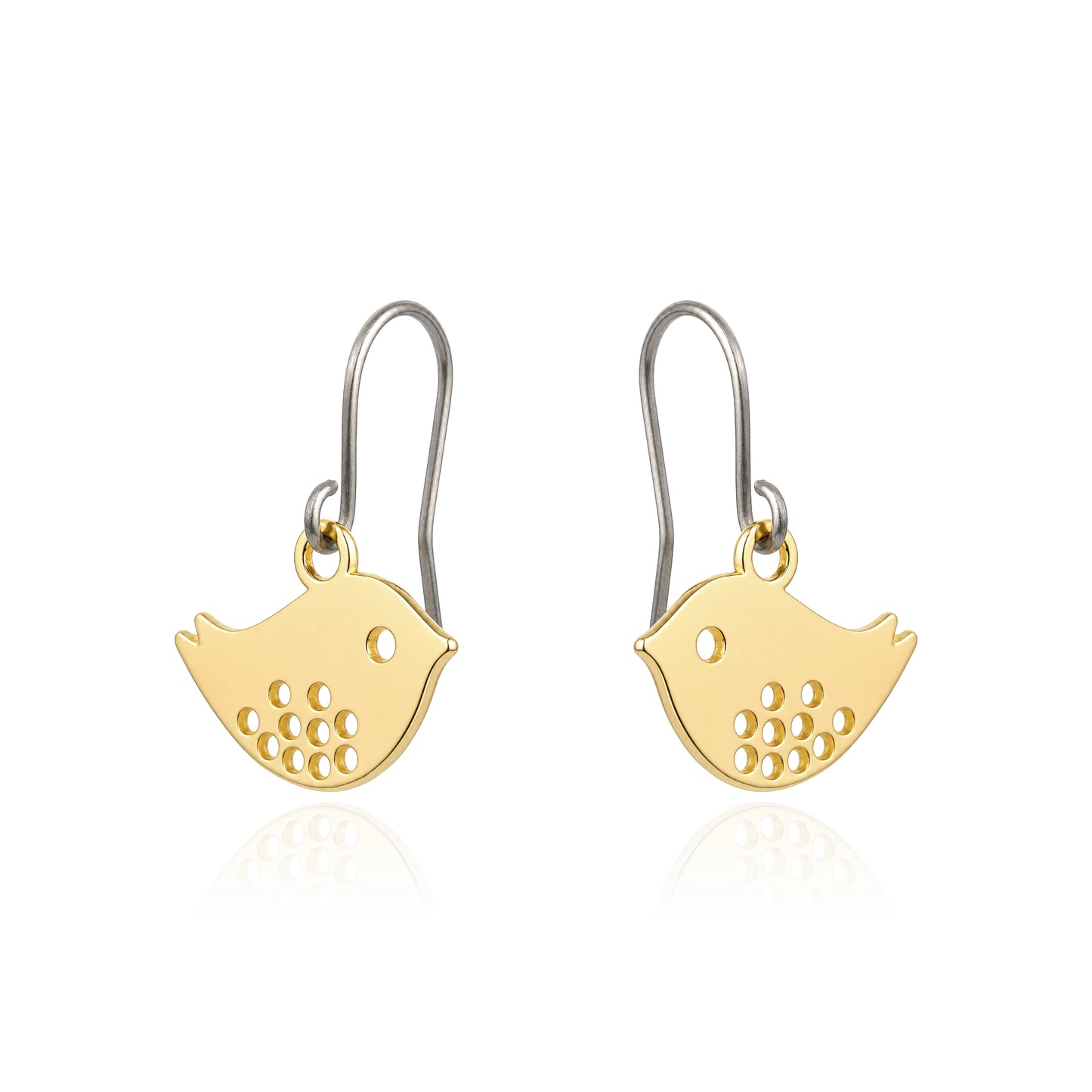 A pair of gold bird-shaped titanium drop earrings on a white background with a soft reflection below.