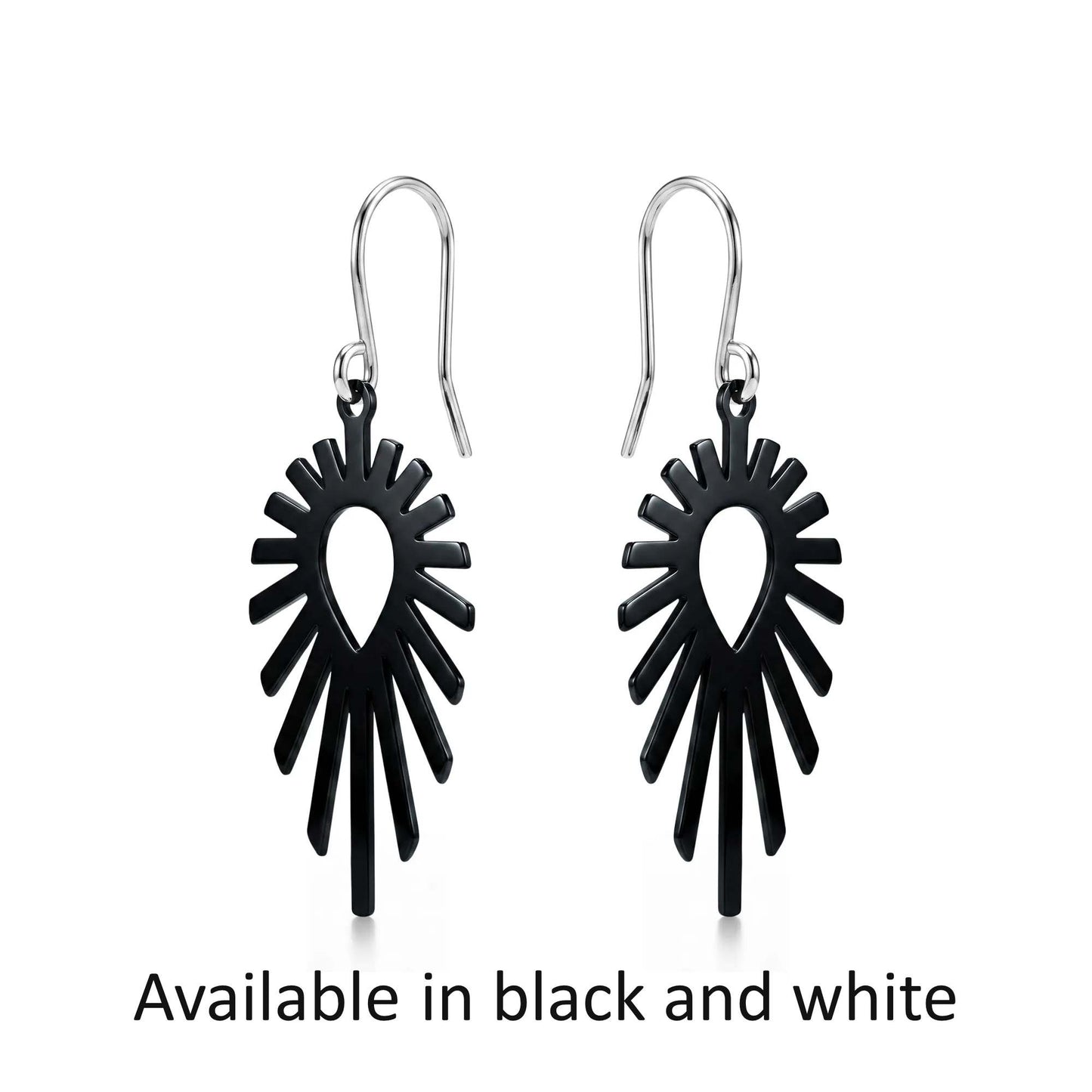 Black titanium shine earrings on a white background with text 'Available in black and white'.