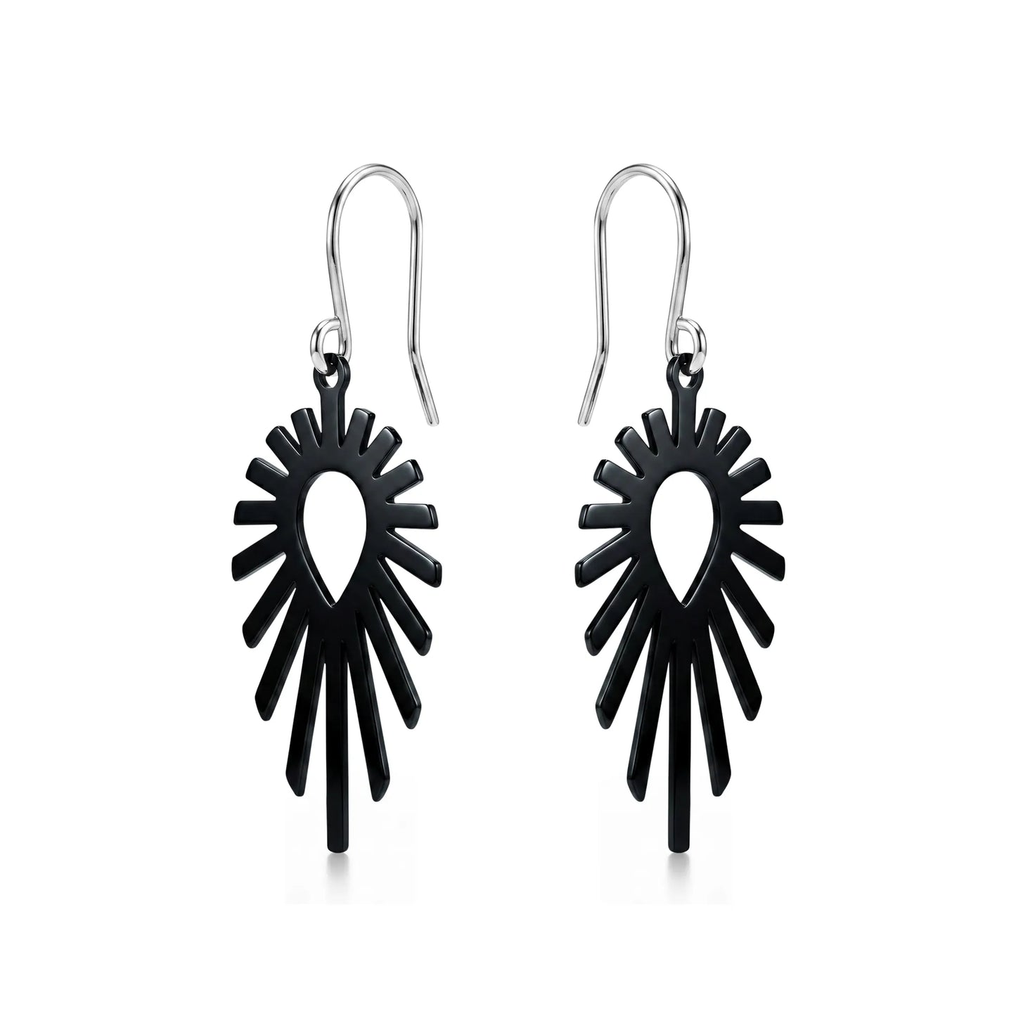 Black titanium shine tear drop earrings on a white background