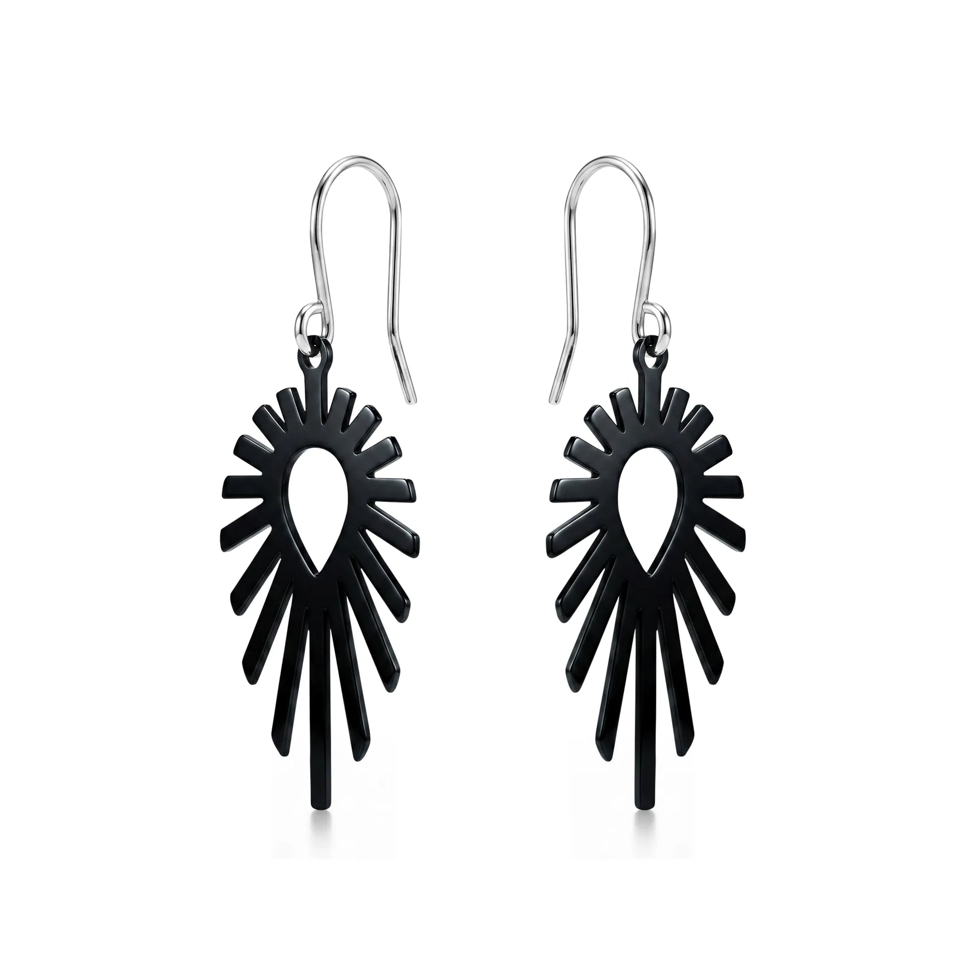 Black titanium shine tear drop earrings on a white background