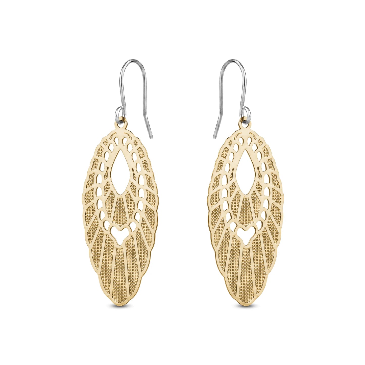 Gold titanium filigree earrings on a white background
