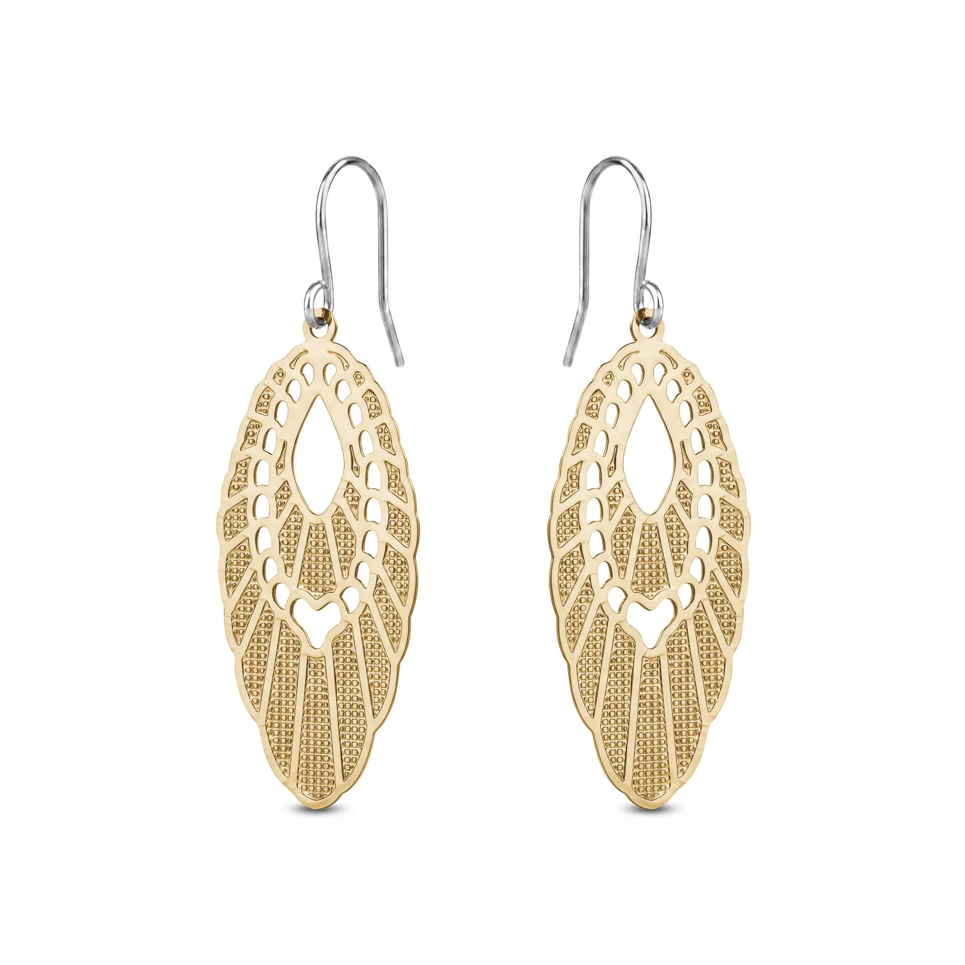 Gold titanium filigree earrings on a white background