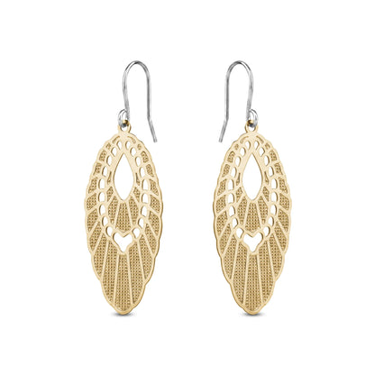 Gold titanium filigree earrings on a white background