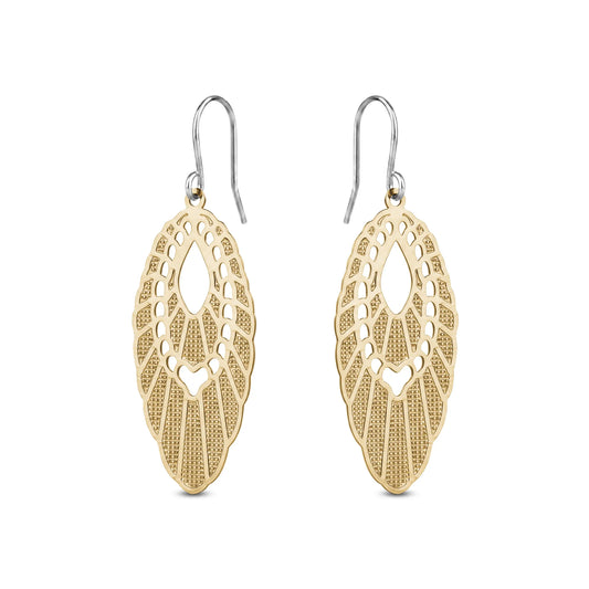 Gold titanium filigree earrings on a white background