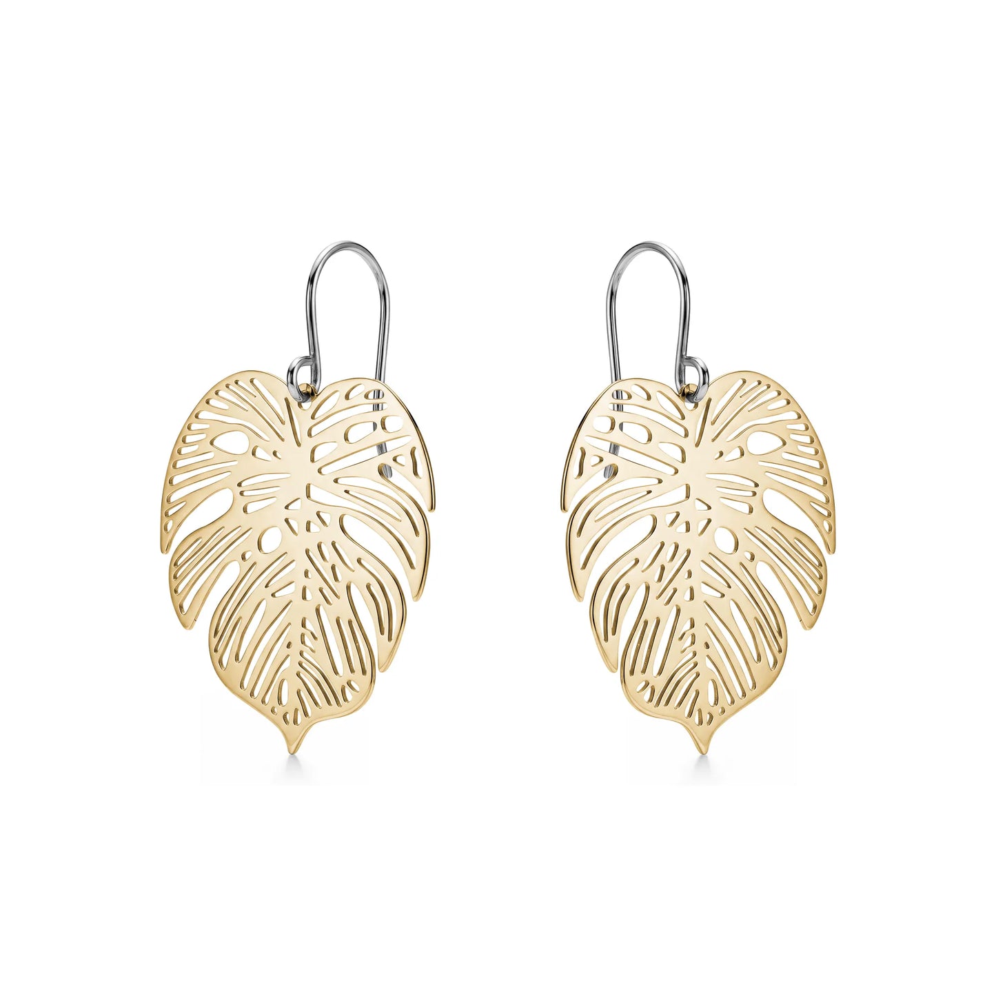 Large Monstera Leaf Earrings with a titanium hook on a white background