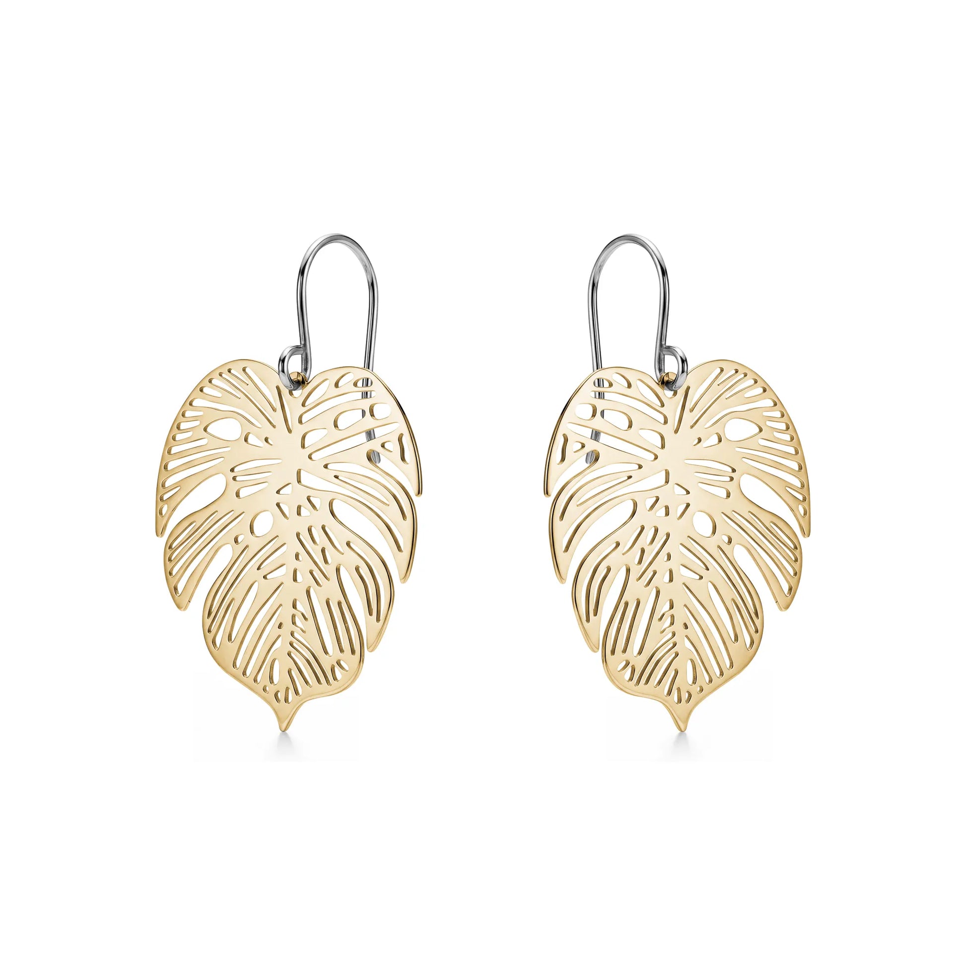 Large Monstera Leaf Earrings with a titanium hook on a white background