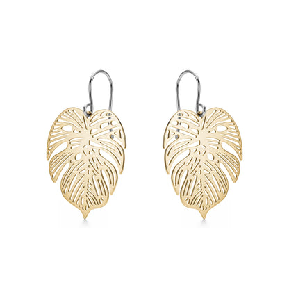 Large Monstera Leaf Earrings with a titanium hook on a white background