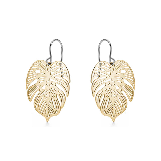 Large Monstera Leaf Earrings with a titanium hook on a white background