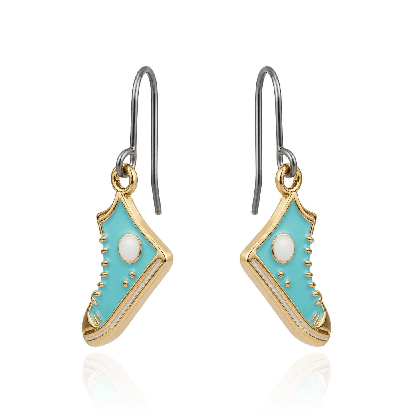 A pair of dangling earrings shaped like turquoise and gold sneakers, featuring a light blue enamel body, gold-tone edges, and a white faux pearl detail, suspended from silver-tone titanium hooks on a white background