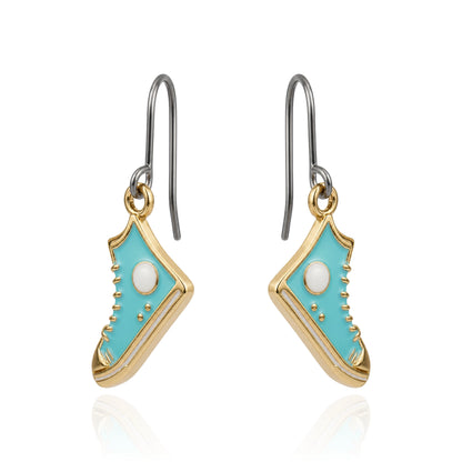A pair of dangling earrings shaped like turquoise and gold sneakers, featuring a light blue enamel body, gold-tone edges, and a white faux pearl detail, suspended from silver-tone titanium hooks on a white background