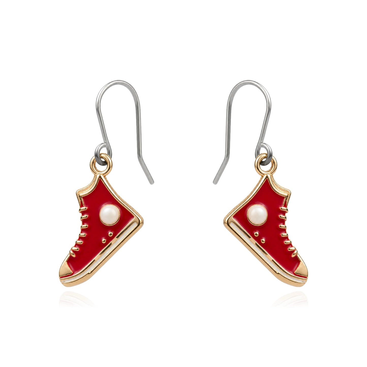 A pair of dangling earrings shaped like red high-top sneakers with gold-tone outlines, white pearl-like eyelets, and titanium fishhook wires, shown on a plain white background.