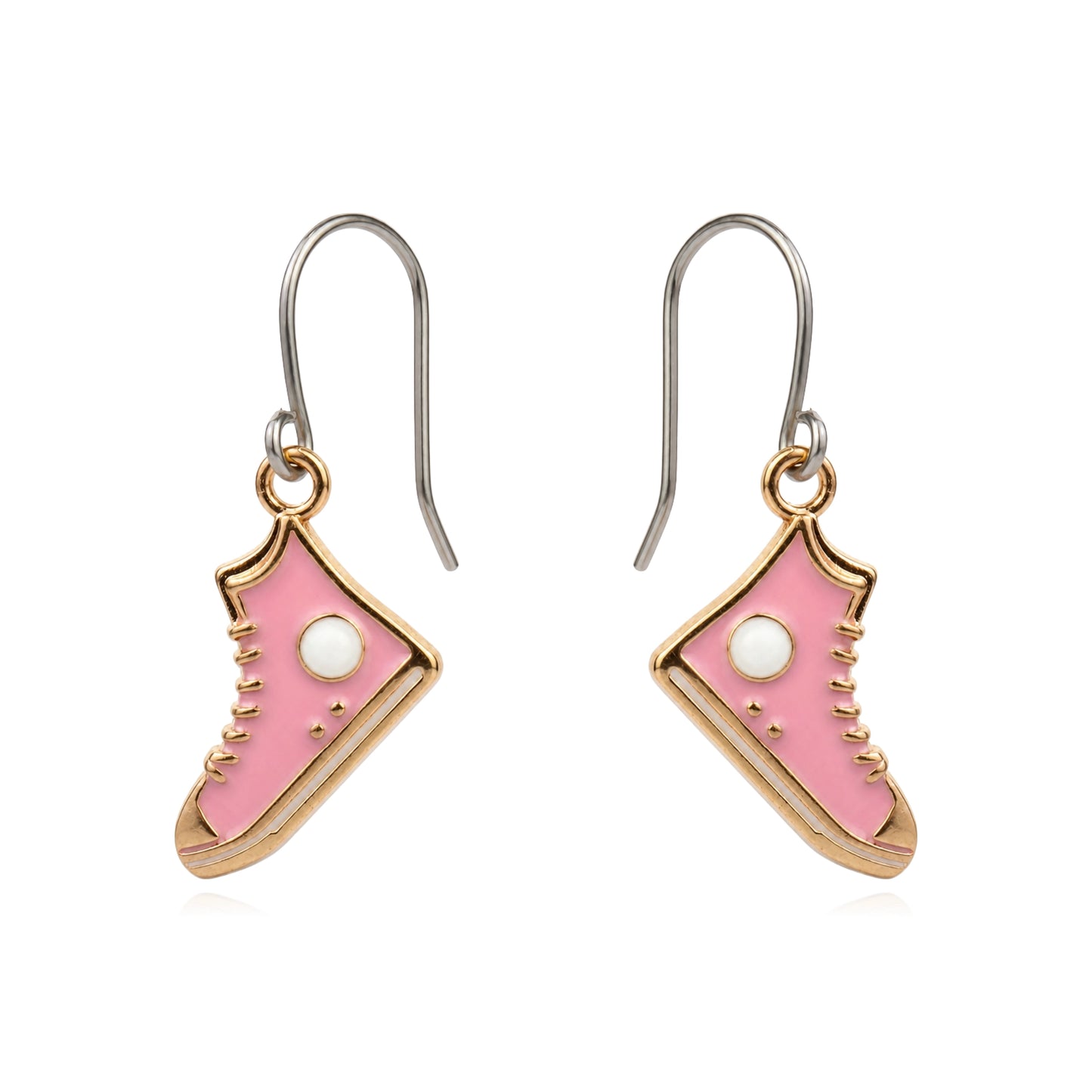 A pair of dangling earrings shaped like pink high-top sneakers with gold-tone outlines, titanium hooks, and small white circular details, shown on a plain white background.