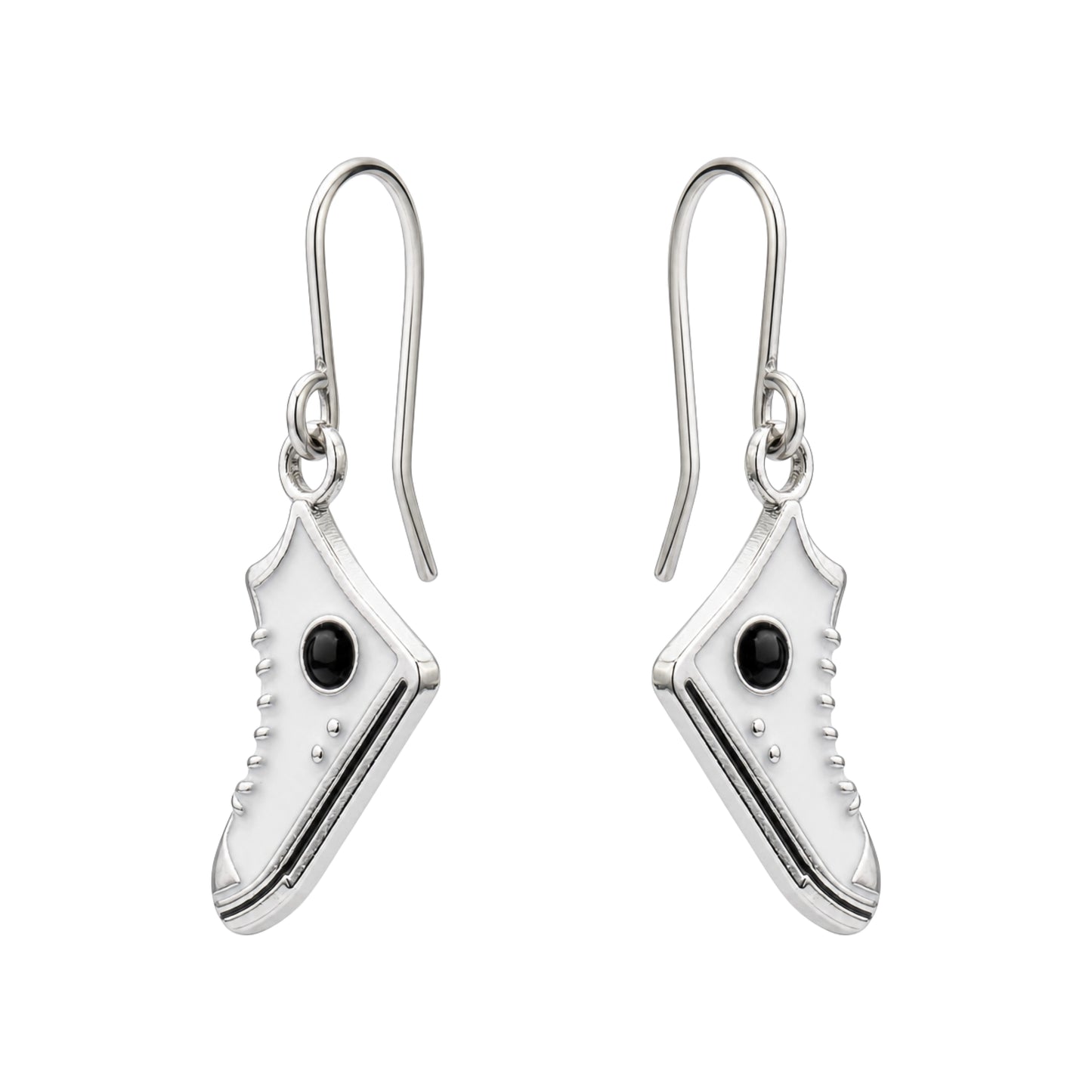 A pair of titanium drop earrings shaped like miniature high-top sneakers, featuring a polished silver finish, a small black oval stone on the side, and titanium ear wires.