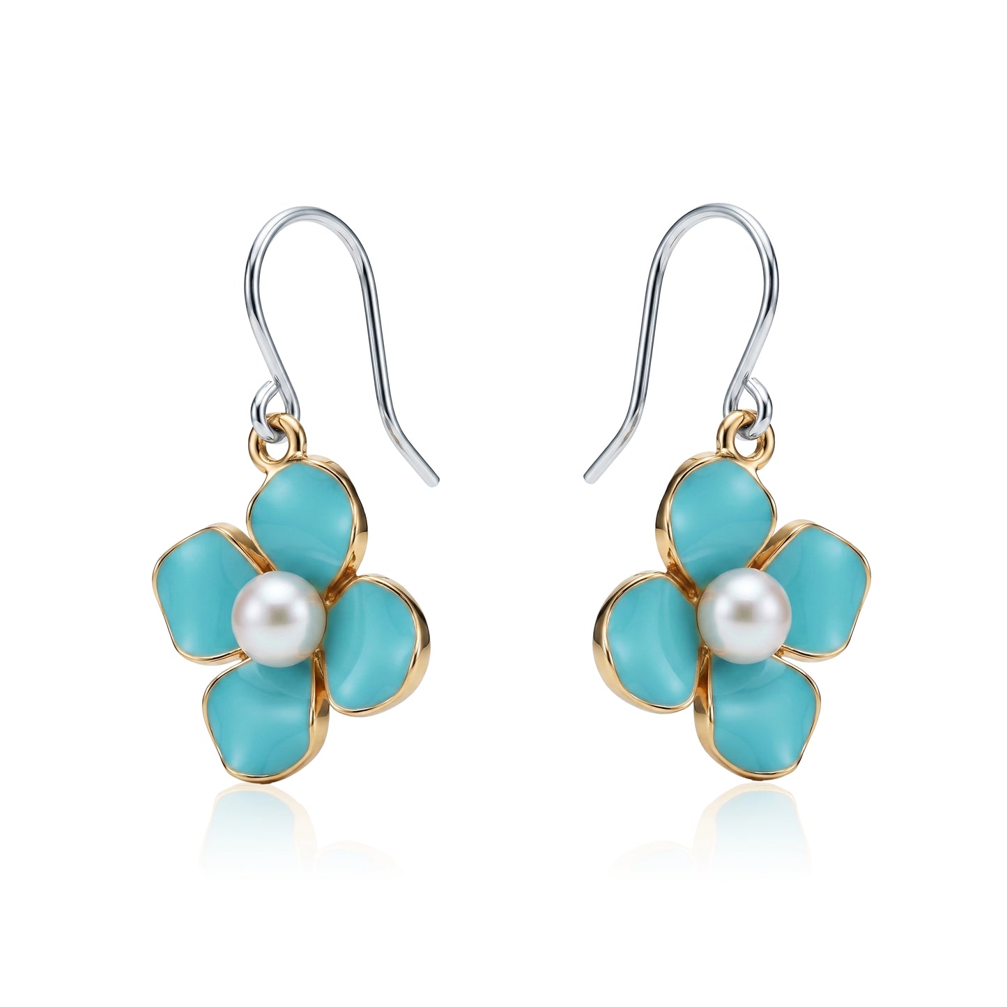 Forget-Me-Not Charm earrings in blue with a pearl in the center and a titanium hook on a white background