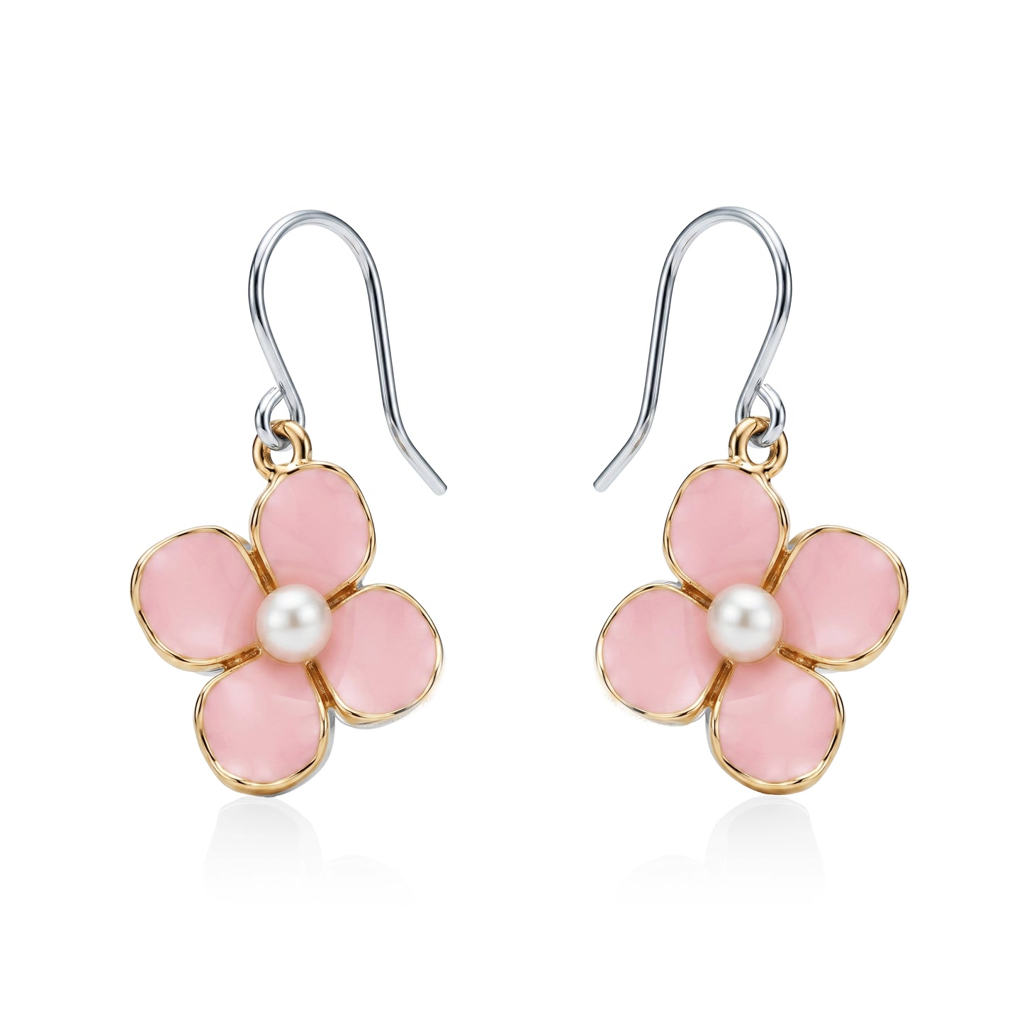 orget-Me-Not Charm earrings in pink with a pearl in the center and a titanium hook on a white background