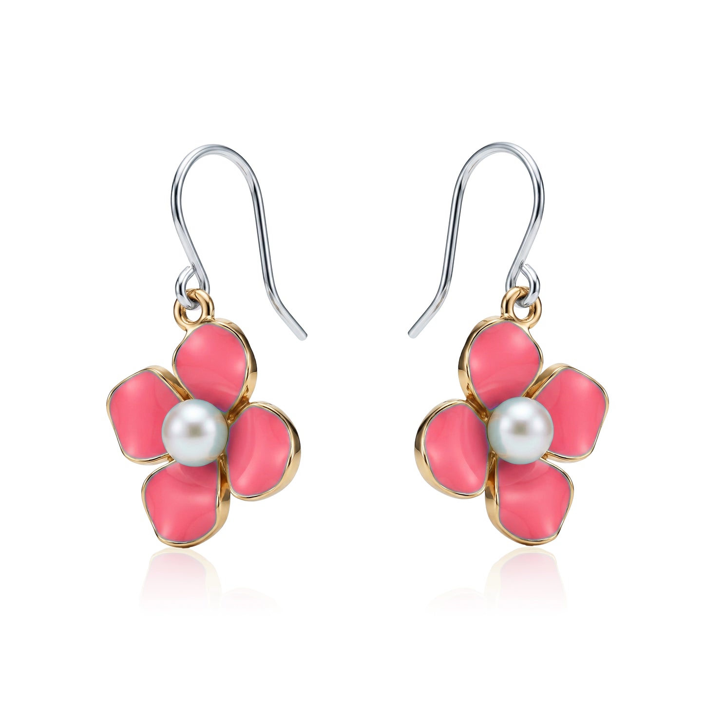 Forget-Me-Not Charm earrings in rose pink with a pearl in the center and a titanium hook on a white background