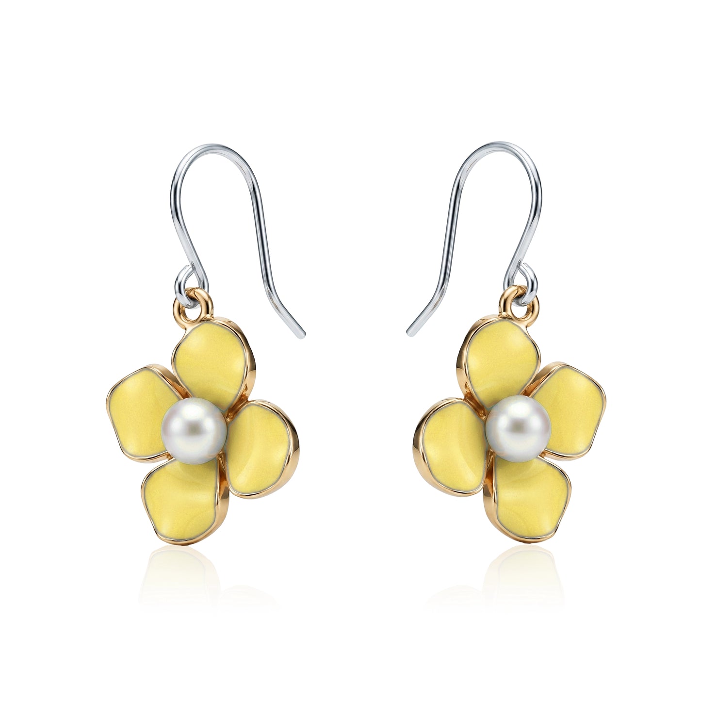 Forget-Me-Not Charm earrings in yellow with a pearl in the center and a titanium hook on a white background