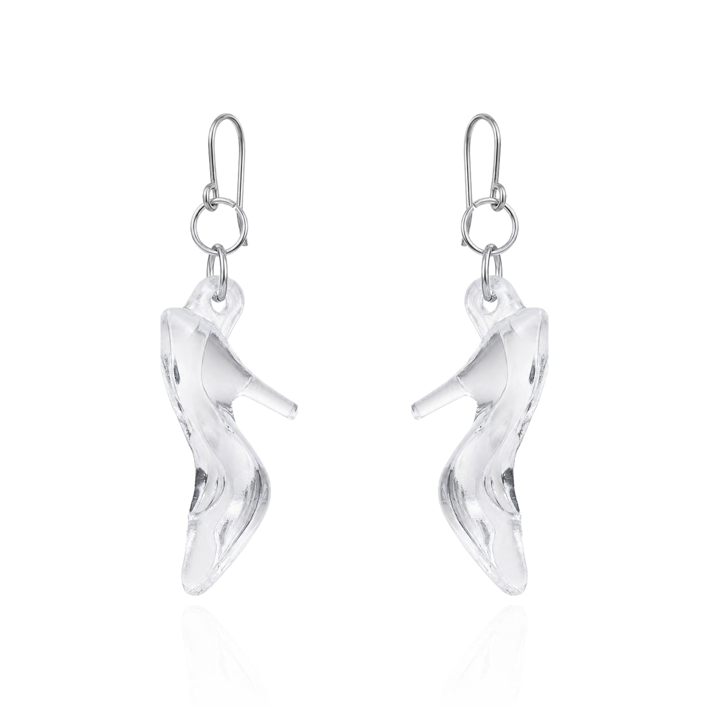 A pair of titanium silver dangle earrings shaped like high-heeled shoes, shown on a clean white background with a subtle reflection below.