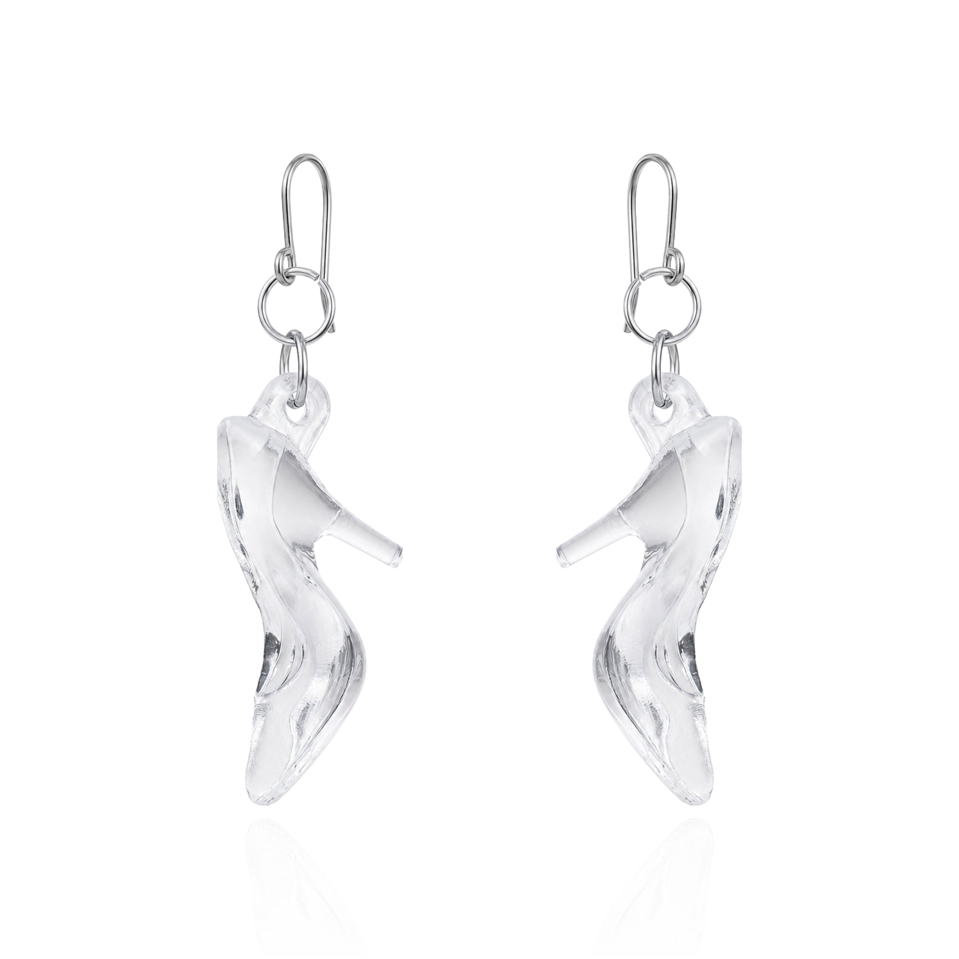 A pair of titanium silver dangle earrings shaped like high-heeled shoes, shown on a clean white background with a subtle reflection below.
