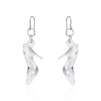 A pair of titanium silver dangle earrings shaped like high-heeled shoes, shown on a clean white background with a subtle reflection below.