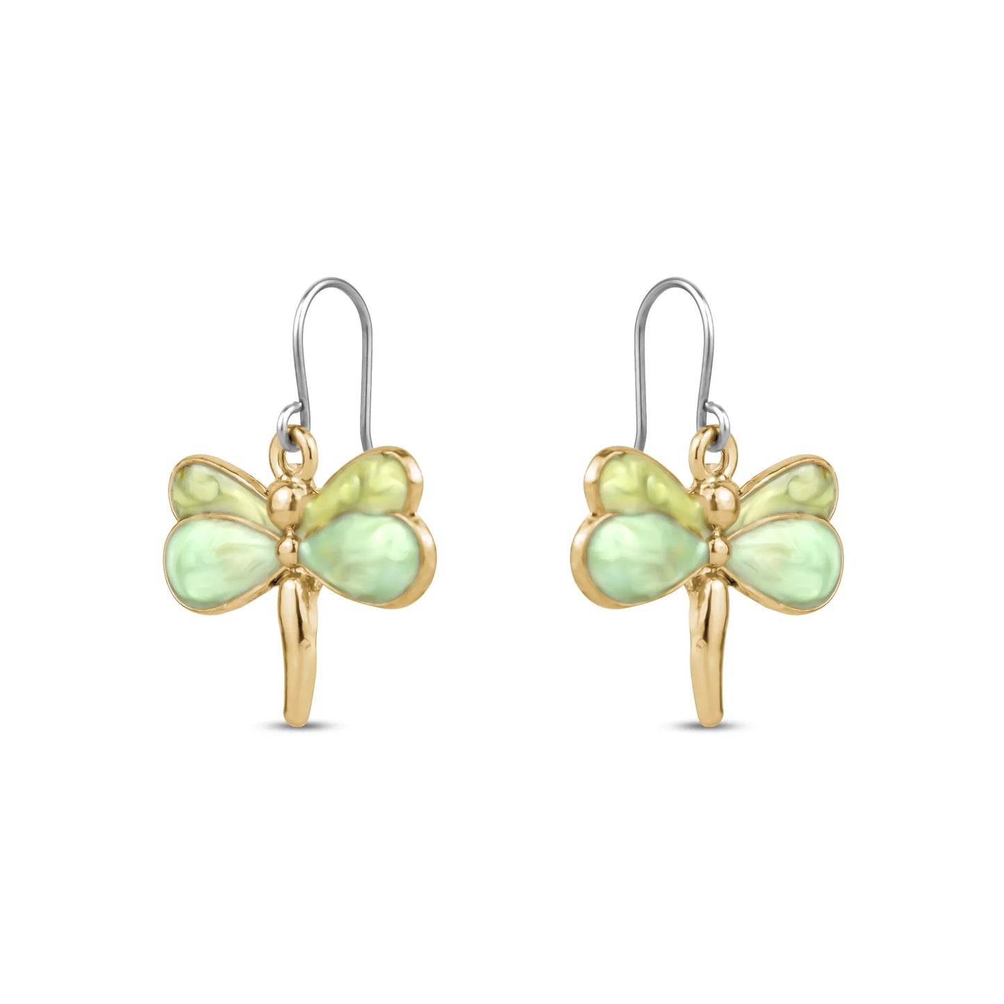 Butterfly-shaped titanium earrings with gold and green accents on a white background