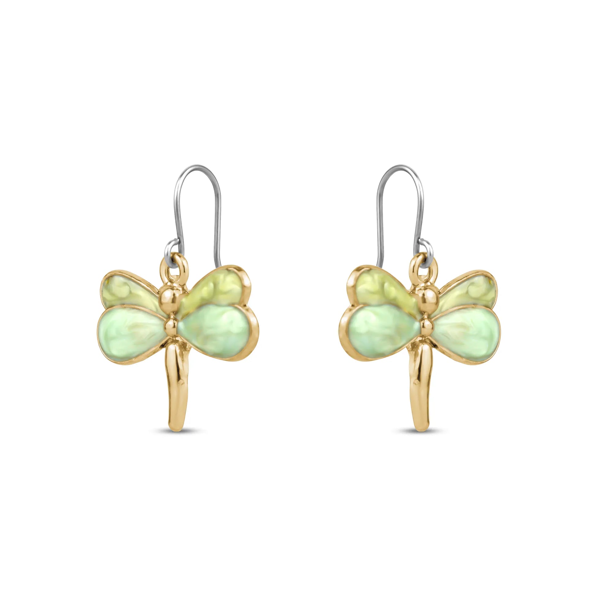 Butterfly-shaped titanium earrings with gold and green accents on a white background