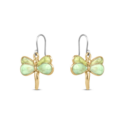 Butterfly-shaped titanium earrings with gold and green accents on a white background