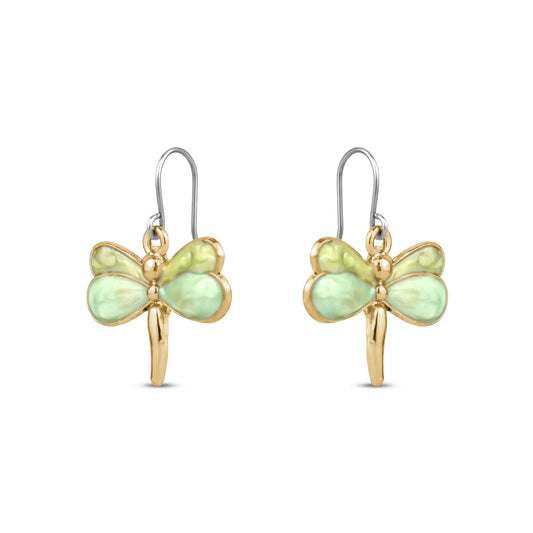 Butterfly-shaped titanium earrings with gold and green accents on a white background