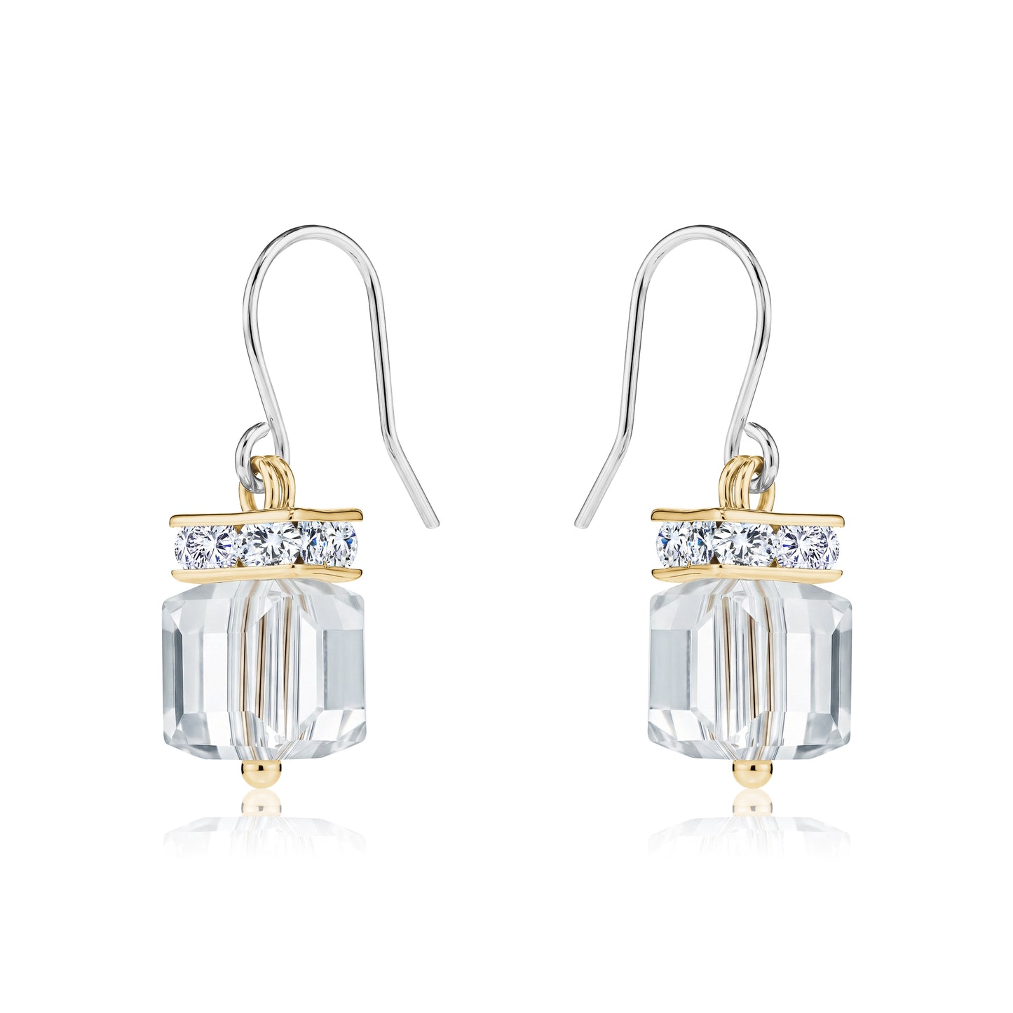 Crystal Clutch earrings with titanium hooks. A flashing crystal with a gold on a white background