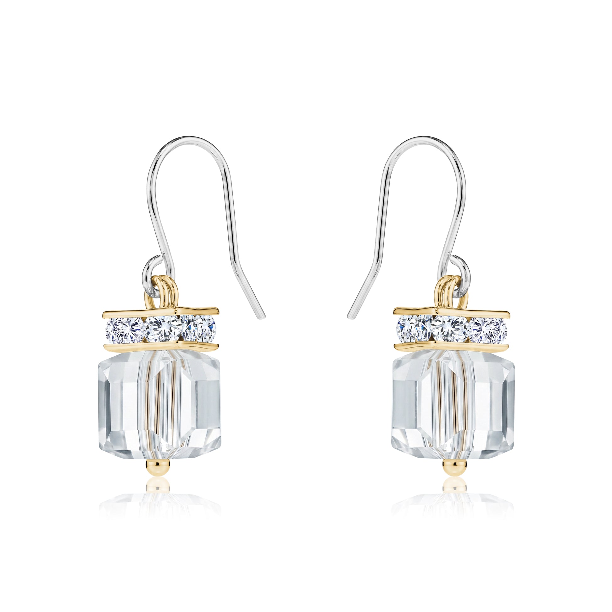 Crystal Clutch earrings with titanium hooks. A flashing crystal with a gold on a white background