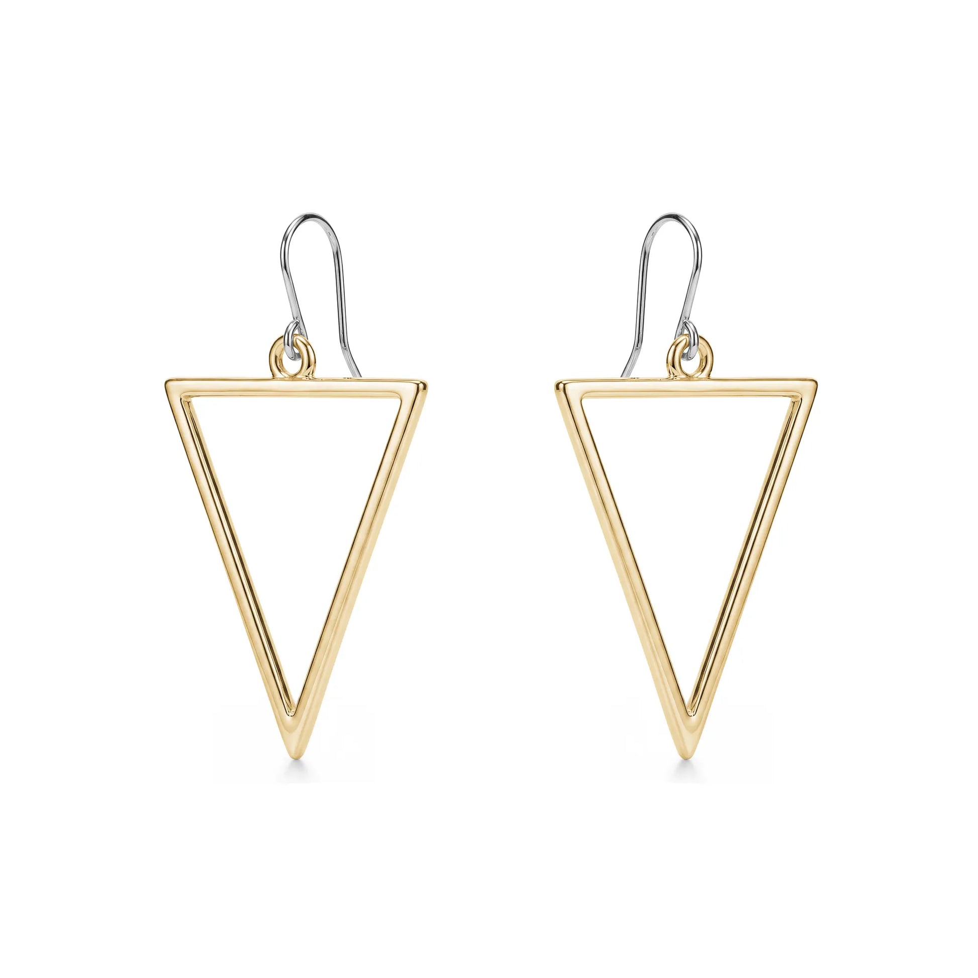 Gold titanium triangle earrings on a white background