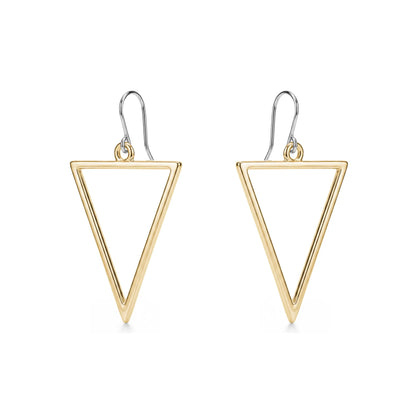 Gold titanium triangle earrings on a white background