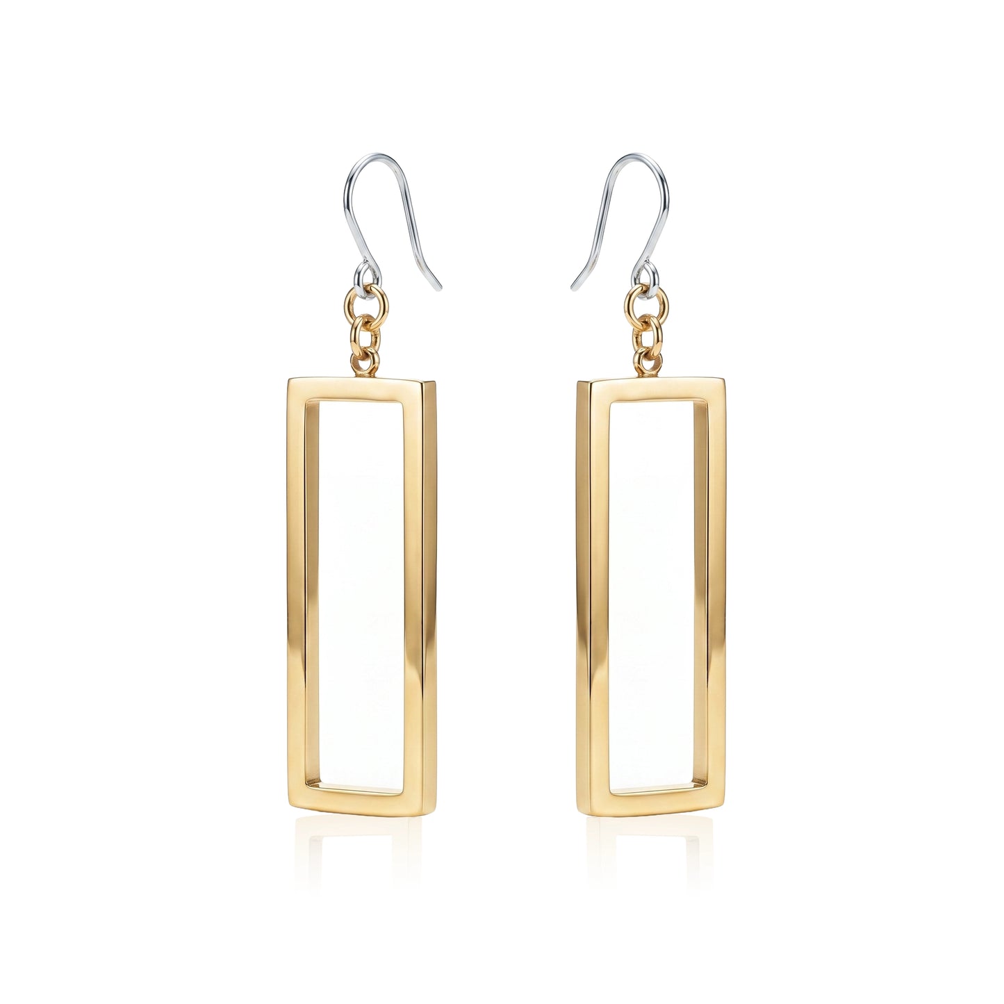 Rectangle mirrored gold earrings with a titanium hook on a white background