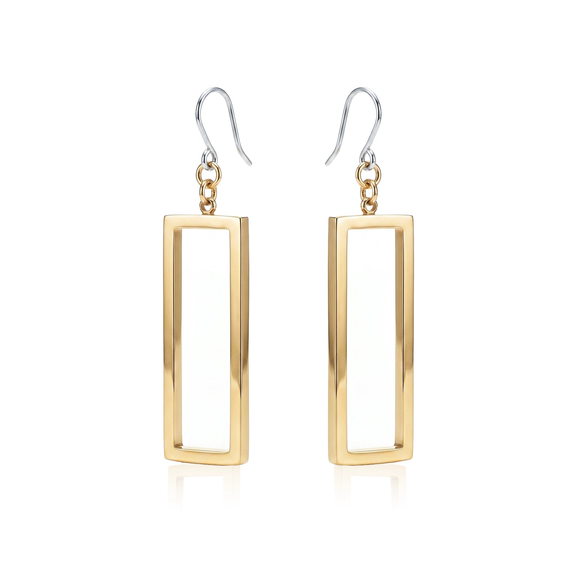 Rectangle mirrored gold earrings with a titanium hook on a white background