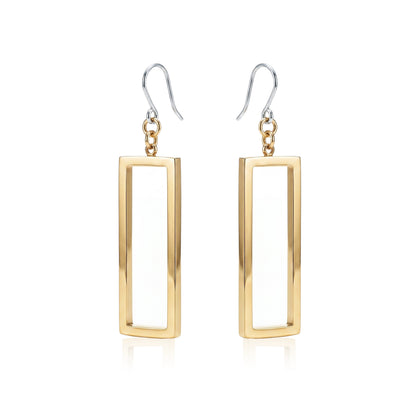 Rectangle mirrored gold earrings with a titanium hook on a white background