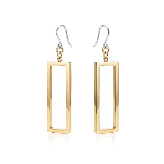Rectangle mirrored gold earrings with a titanium hook on a white background